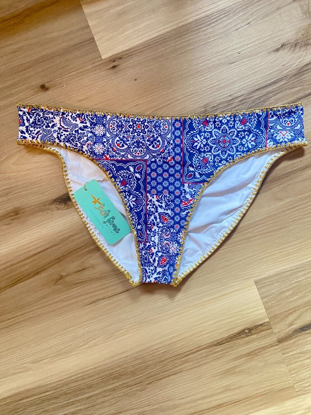 Luli Fama Miami Full Ruched Luxe Stitch Bikini Bottom - Americana Vibes ~ XL NWT